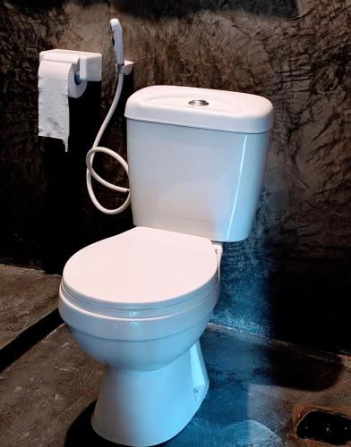 a white toilet in a bathroom with a hose at Alkebulan cottages in Uru