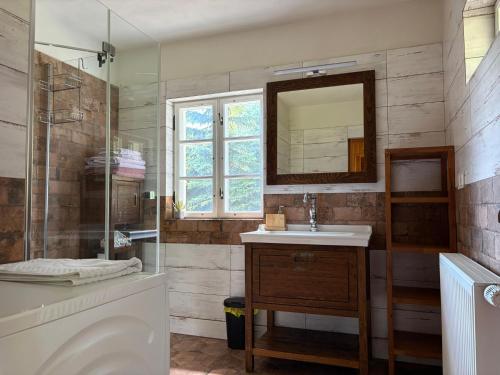 a bathroom with a sink and a shower and a mirror at Chata Na Mechu in Dolní Podluží