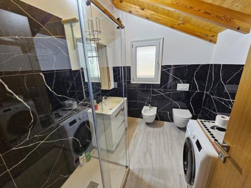 a bathroom with a washer and dryer and a toilet at Vila Elbasan in Labinot i Poshtëm