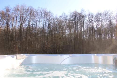 a hot tub in front of some trees at La Foulerie in Bullion