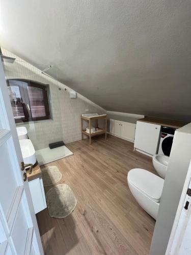 a bathroom with two toilets and a sink at Il Piccolo Aranceto in Motta SantʼAnastasia