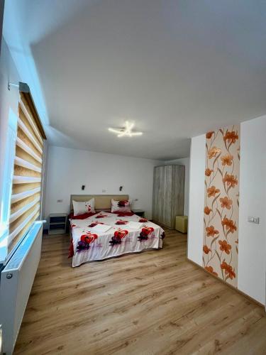 a bedroom with a large bed with red pillows at Calypso Rooms in Făgăraş