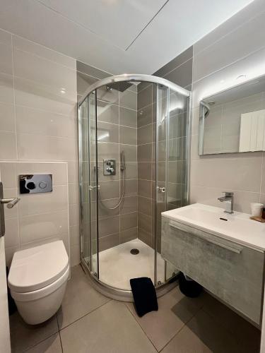a bathroom with a shower and a toilet and a sink at Hotel Flots d'Azur Promenade des Anglais in Nice