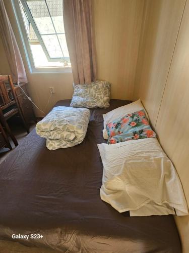 two beds in a small room with a window at De Weerribben Wieden, Natuurhuisje in Wanneperveen