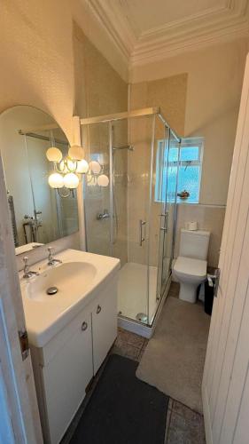 a bathroom with a sink and a shower and a toilet at Spacious Triple Studio Room, Private En-Suite & Kitchenette R6 in Sketty