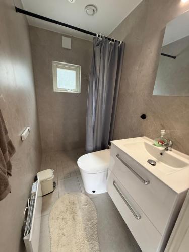 a bathroom with a white toilet and a sink at Hindås Lakeside Cabin 4 in Hindås