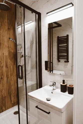 a bathroom with a sink and a shower at Apartament w Parku 5 in Żywiec
