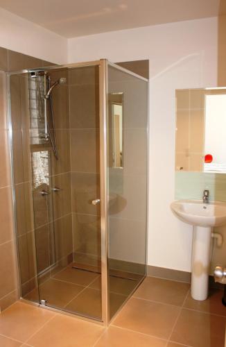 a bathroom with a shower and a sink at Craggy Peaks Wilderness Cabins in Rossarden