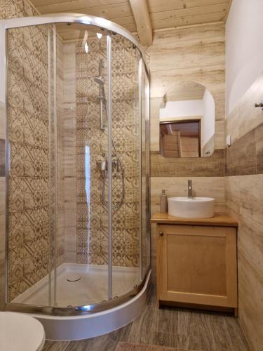 a bathroom with a shower and a sink at Pokoje goscinne u Jozka in Chochołów