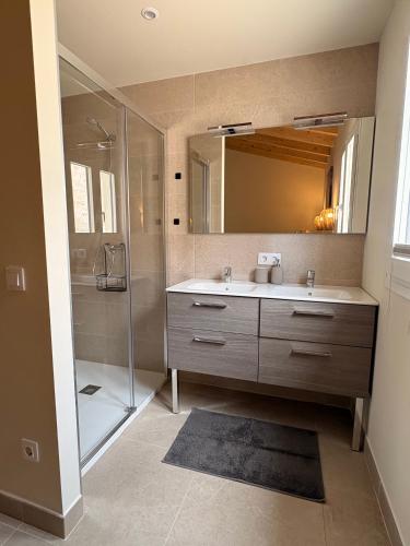 a bathroom with a sink and a shower with a mirror at Casa de Limon in Palma de Mallorca