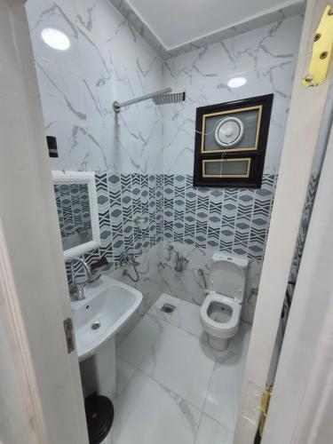 a bathroom with a toilet and a sink at Thebes Guest house in Jazīrat al ‘Awwāmīyah