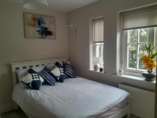 a bedroom with a bed with blue and white pillows at Seville Grove in Kilkenny