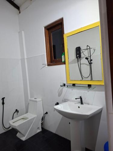 a bathroom with a sink and a toilet and a mirror at Emerald Mirror in Anuradhapura