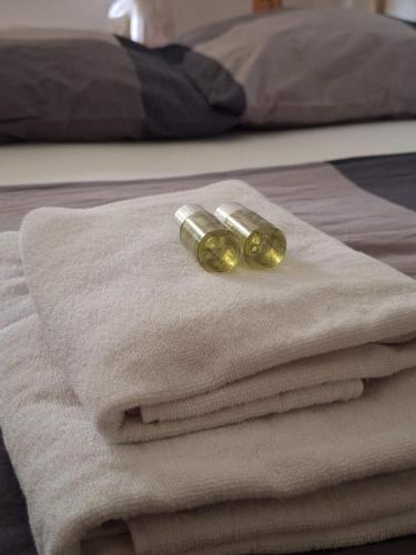 two bottles on a pile of towels on a bed at Forstoase Deister in Bredenbeck