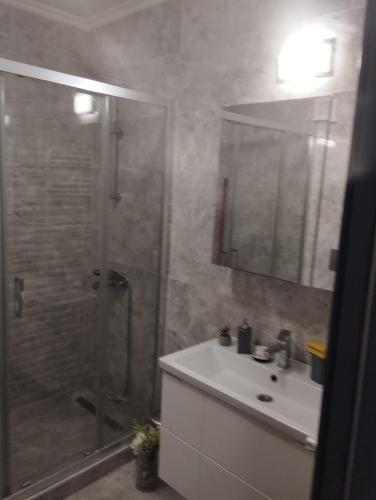 a bathroom with a shower and a sink and a mirror at Solid House - Sunrise Apartment in Mamaia