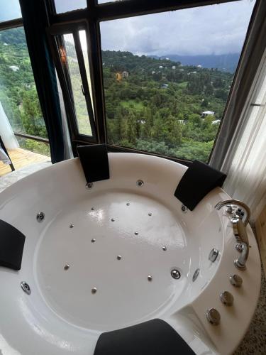 a white bath tub in front of a window at Villa cottage D3 in Zeda Ulianovka