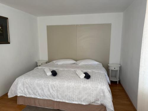 a white bedroom with a bed with two pillows at Casa Larisa Borsa in Borsa