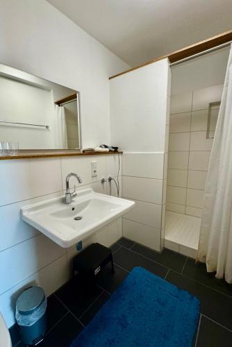 a bathroom with a sink and a shower with a mirror at Gästehaus Schiffmann 1895 in Brauneberg