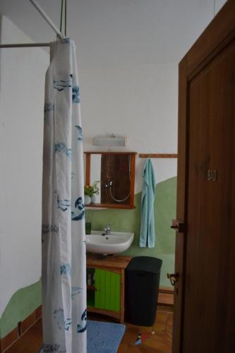 a bathroom with a sink and a shower curtain at Herberge Vitopia in Magdeburg