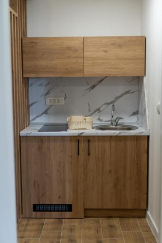 a kitchen with a sink and a counter at Wine House Churilo in Ohrid