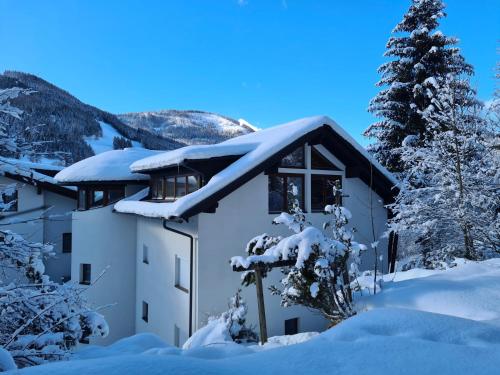 a building covered in snow with a tree at Kelchalm Superior Spacious Mountain Apartment in Bad Kleinkirchheim