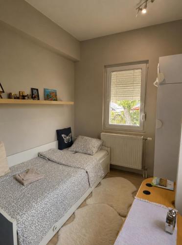 a small bedroom with two beds and a window at Vila Bilja in Požega
