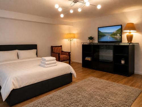 a bedroom with a bed and a flat screen tv at Nest am Rhein in Öhningen