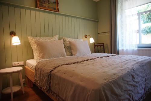 a bedroom with a bed with pillows and a window at Misses Greenday in Bad Suderode