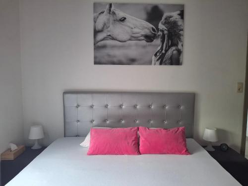 a bed with pink pillows and a picture of a horse at La Vie en Rose in Verviers