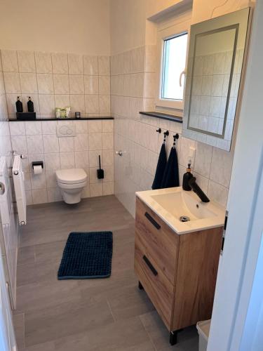 a bathroom with a sink and a toilet and a mirror at Appartement zum Grünen Bär klimatisiert in Holzminden