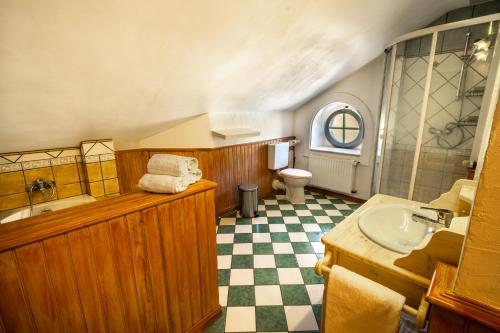 a bathroom with a sink and a toilet at Erasmus WaldBlick Ferienhaus mit Ausblick in Saarburg