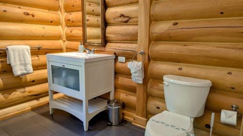 a bathroom with a toilet and a sink in a log cabin at Chalet Le Boisé SPA et Rivière in Brownsburg