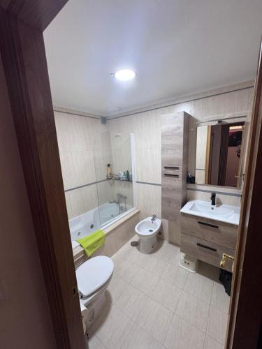 a bathroom with a toilet and a sink and a tub at Fernández Vega 6 in Ponteareas