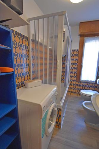 a bathroom with a washing machine and a toilet at MIKI APARTMENT MhD in Madonna di Campiglio