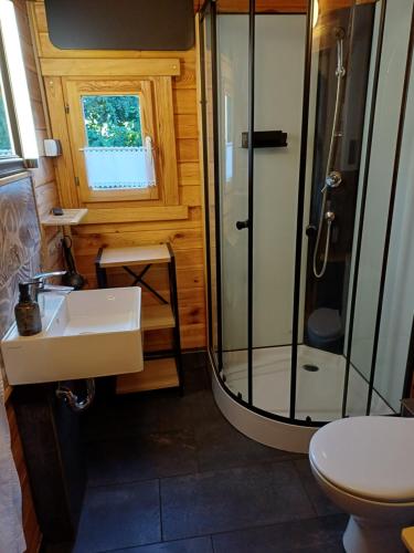 ein Badezimmer mit Dusche und Waschbecken in der Unterkunft Auszeit im Oderbruch in Letschin