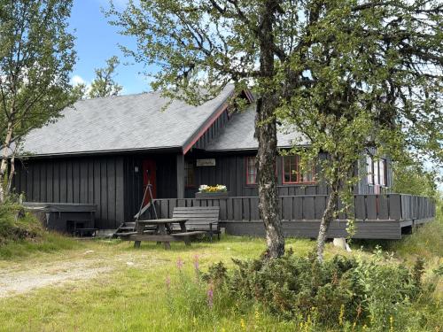 a building with a picnic table and a bench in front of it at Torsetlia Cottages and Apartments in Uvdal