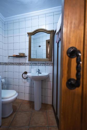 a bathroom with a sink and a mirror and a toilet at Casa Ribera de Cazorla in Cazorla