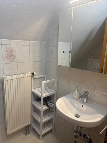 a bathroom with a sink and a mirror at Auszeit im Altmühltal in Beilngries