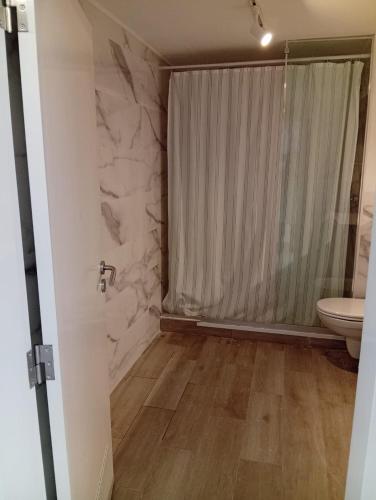 a bathroom with a shower and a toilet and a sink at Carregado Groundfloor in Carregado