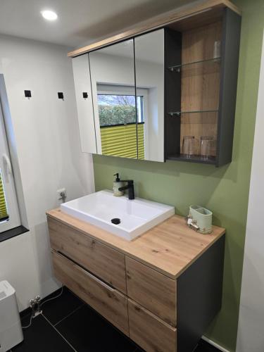 a bathroom with a white sink and a mirror at Ferienwohnung beim Belchen in Wieden