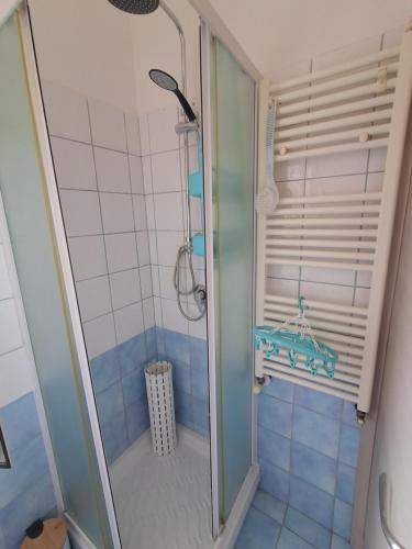 a shower with a glass door in a bathroom at Casa Vacanze a Piazza Garibaldi in Terracina