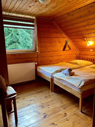 a bedroom with two beds in a wooden cabin at Gościniec Saba in Zieleniec