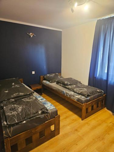 two beds in a room with blue curtains at Noclegi w Dolinie Baryczy in Radziądz