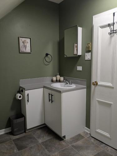 a bathroom with a sink and a mirror at Le Pignon Douillet in Sainte-Anne-des-Monts