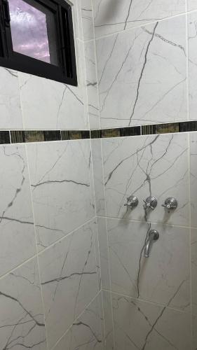 a bathroom with a shower with white marble tiles at Lo de jota in Ramallo