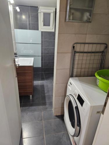 a bathroom with a washing machine and a sink at Aspa's house in Athens