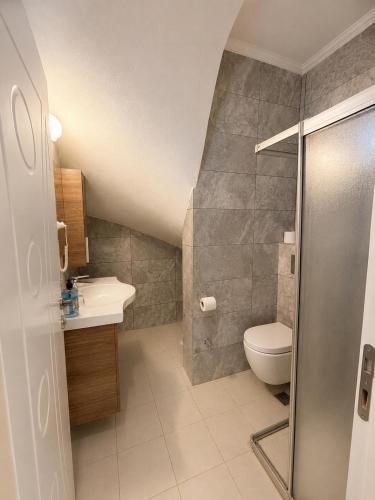 a bathroom with a shower and a toilet and a sink at The Selection Butik Otel in Kemer