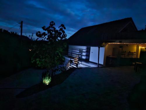 a house with a lit up backyard at night at En hribček in Ptujska Gora