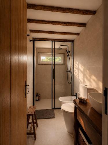 a bathroom with a tub and a toilet and a sink at Casa do Moinho da Insua in Várzea Cova