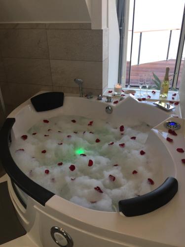 a bath tub filled with lots of red hearts at Luxuswohnung Pazifik WESER WELLNESS WHIRLPOOL in Brake